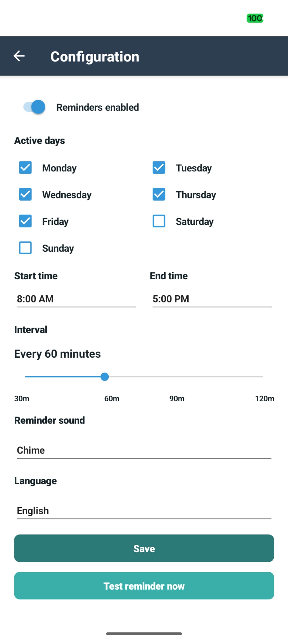 Configuration screen showing schedule and interval settings