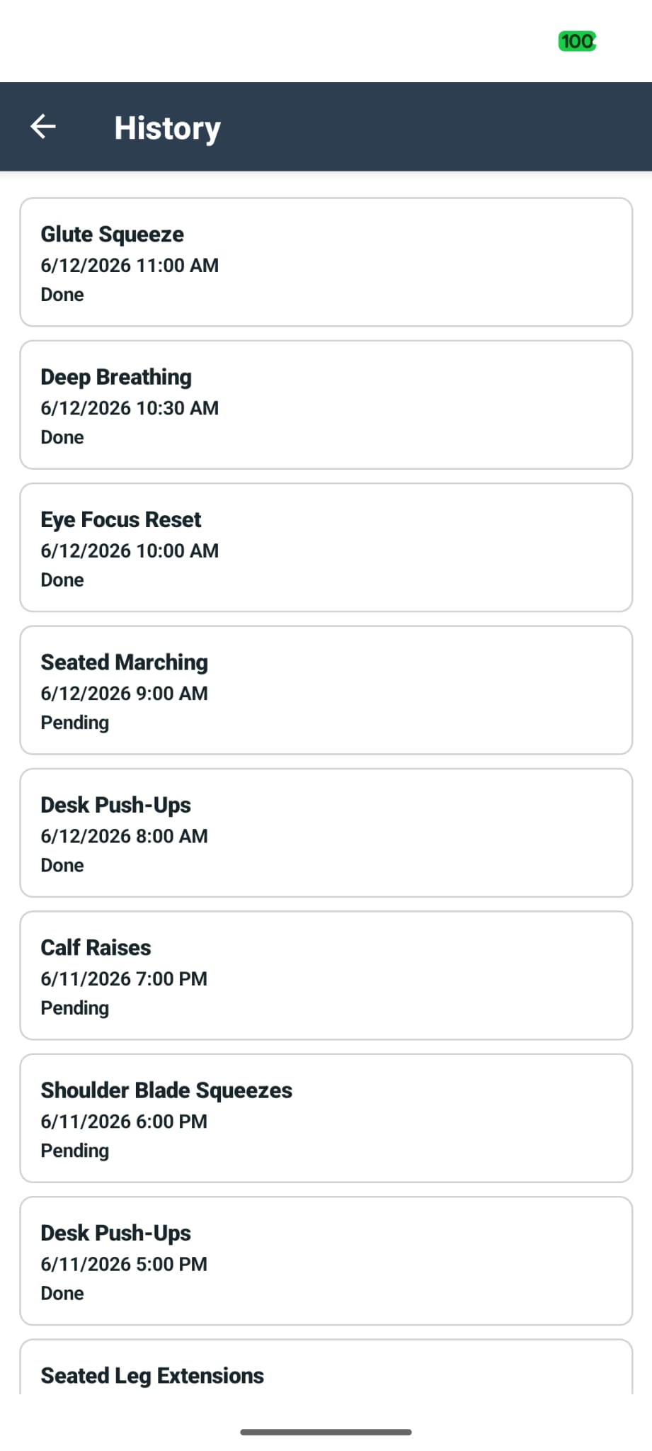 History of completed and skipped reminders