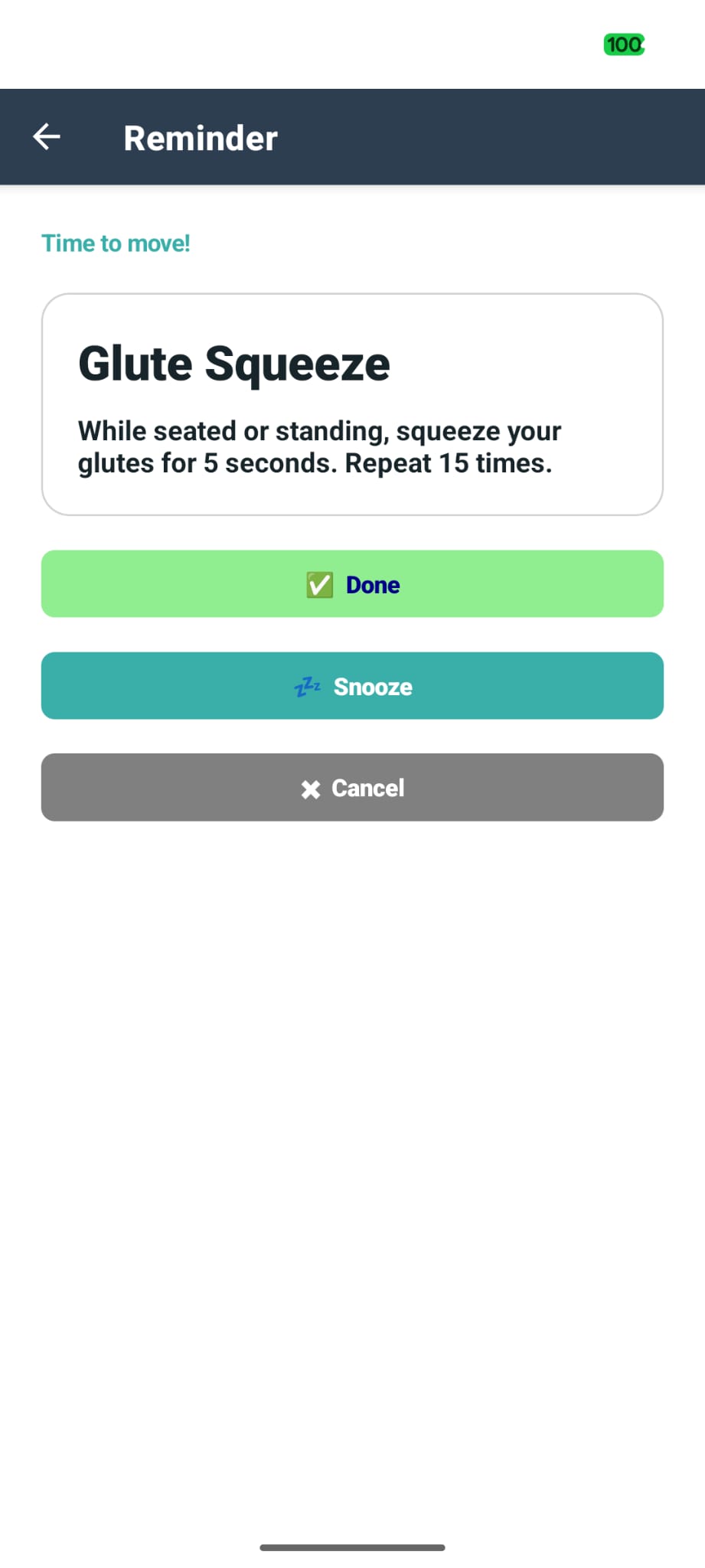 Desk Activity notification on an Android phone reminding the user to do a short exercise